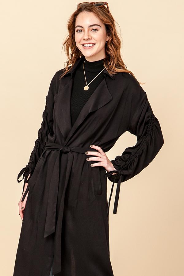 FAVLUX - ROUCHED SLEEVE COAT WITH WAIST BELT