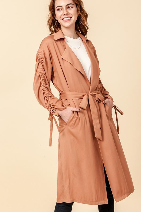 FAVLUX - ROUCHED SLEEVE COAT WITH WAIST BELT